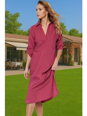 Yazlık Kadın Midi Elbise Pamuklu Poplin Dokuma Şık Plaj Mükemmel Uyum Şık Görünüm Seçkin Malzeme