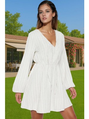 V Yaka Bağlamalı Dokuma Mini Elbise Keten Karışımlı Plaj Modası Rahat ve Şık Rahat Kullanım
