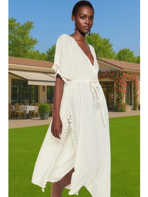 Yazlık Feminen Püsküllü Maxi Plaj Elbisesi V Yaka Seçkin Malzeme Profesyonel Görünüm Rahat Kullanım