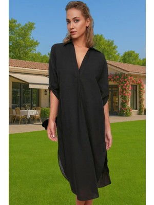 Yazlık Kadın Midi Elbise Pamuklu Poplin Dokuma Şık Plaj Mükemmel Uyum Şık Görünüm Seçkin Malzeme