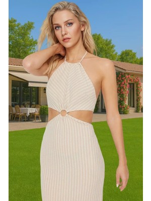Rahat ve Şık Halter Yaka Maxi Elbise Polyester Karışımlı Yazlık Yüksek Kalite Premium Kalite