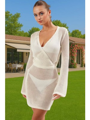 Pamuk Akrilik Triko Mini Elbise V Yaka Uzun Kollu Plaj Elbisesi Rahat Kullanım Zarifane Tasarım