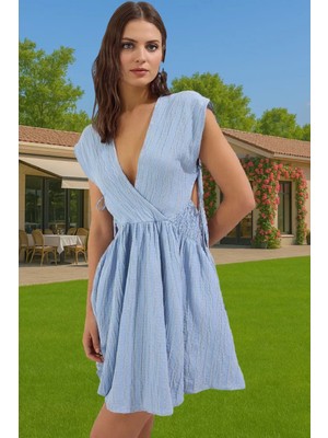 Plaj Elbisesi V Yaka Mini Elbise Keten Karışımlı Yazlık Elbise Yüksek Kalite Özenle Seçilmiş