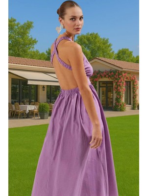 Yazlık Kadın Boyundan Bağlamalı Midi Pamuk Elbise Seçkin Malzeme Mükemmel Uyum Özenle Seçilmiş