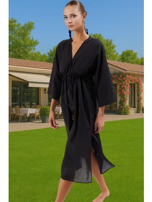 Yazlık Maxi Elbise Pamuklu Keten Görünümlü Reglan Kol Büzgü Detaylı Mükemmel Uyum Trend Tasarım