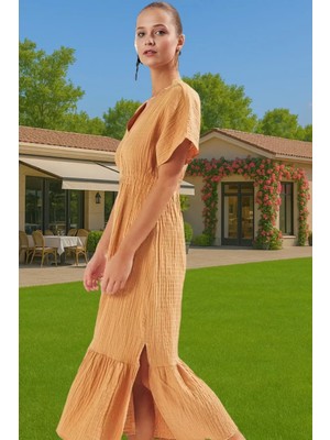 Şık Müslin Maxi Elbise Yazlık Plaj Için Büzgü Detaylı Trend Tasarım Uzun Ömürlü Profesyonel Görünüm