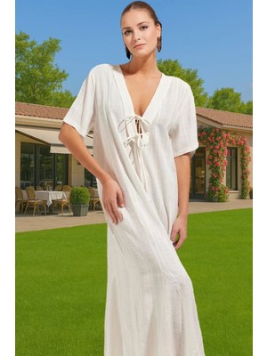 Yazlık Şık Tesettür Maxi Elbise Keten Görünümlü Bağlamalı Detaylı Mükemmel Uyum Dayanıklı Malzeme
