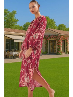 Şık Maxi Plaj Elbisesi %100 Pamuk Keten Görünümlü Etnik Desen Konforlu Kesim Kaliteli Işçilik