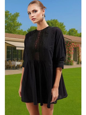 Şık Kadın Mini Plaj Elbisesi Pamuk Dantel Detaylı Rahat Yazlık Mükemmel Uyum Konforlu Kesim