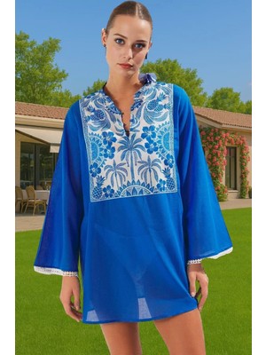 Mini Etnik Desenli Plaj Elbisesi Vual Kumaş Rahat Kesim Zarifane Tasarım Modern Stil Rahat Kullanım