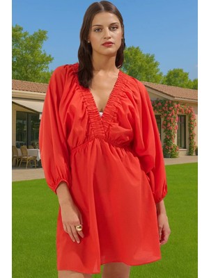 V Yaka Balon Kollu Mini Plaj Elbisesi %100 Pamuk Dokuma Özenle Seçilmiş Profesyonel Görünüm