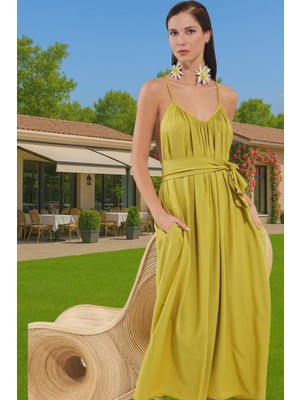 Kolsuz V Yaka Bel Bağcıklı Maxi Elbise Yazlık Plaj Şıklığı Için Özel Tasarım Özenle Seçilmiş