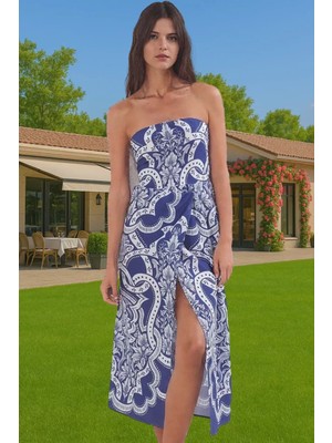 Yazlık Pamuklu Maxi Straplez Elbise Skater Çini Desenli Zarifane Tasarım Dayanıklı Malzeme