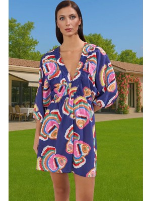 V Yaka Balon Kollu Mini Plaj Elbisesi %100 Pamuk Dokuma Özenle Seçilmiş Profesyonel Görünüm