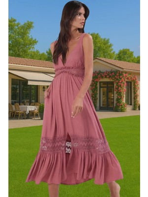 Viskoz Maxi Elbise Dantel Detayli Skater Kalıp Yazlık Modern Stil Özel Tasarım Özenle Seçilmiş