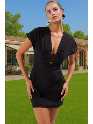 Dokuma Pamuk Mini Elbise V Yaka Bağcıklı Plaj Şıklığı Özenle Seçilmiş Özel Tasarım Uzun Ömürlü