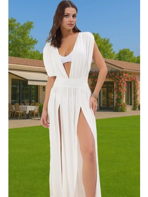 Yazlık Maxi Elbise Tek Kol Derin V Yaka Yırtmaçlı Viskoz Elastan Konforlu Kesim Modern Stil