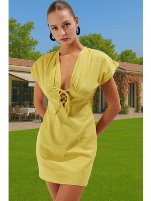 Dokuma Pamuk Mini Elbise V Yaka Bağcıklı Plaj Şıklığı Özenle Seçilmiş Özel Tasarım Uzun Ömürlü