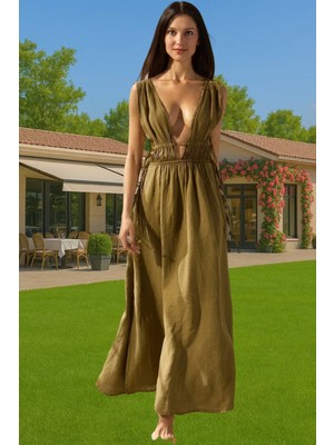 Yazlık Şık Keten Maxi Elbise Büzgü Detaylı Plaj Elbisesi Premium Kalite Rahat Kullanım