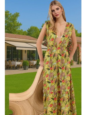 Yazlık Şık V Yaka Maxi Elbise Büzgü Detaylı Plaj Mükemmel Uyum Modern Stil Uzun Ömürlü Yüksek Kalite