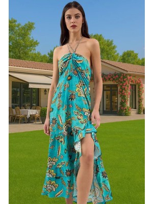 Çiçekli Desenli Skater Maxi Elbise Yazlık Plaj Uzun Ömürlü Rahat Kullanım Profesyonel Görünüm