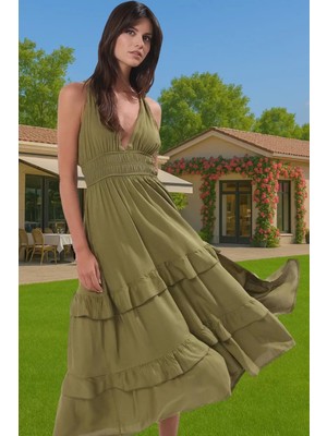 Kadın Haki Viskoz Maxi Elbise Yazlık Plaj Elbise Skater Özel Tasarım Trend Tasarım