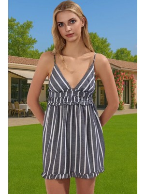 V Yaka Ince Askılı Flamlı Pamuk Midi Elbise Rahat Yazlık Modern Stil Özel Tasarım Modern Stil