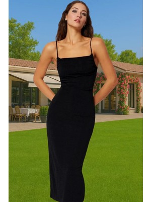 Degaje Yaka Askılı Midi Elbise Vücut Hatlarını Vurgular Modern Stil Rahat Kullanım Şık Görünüm