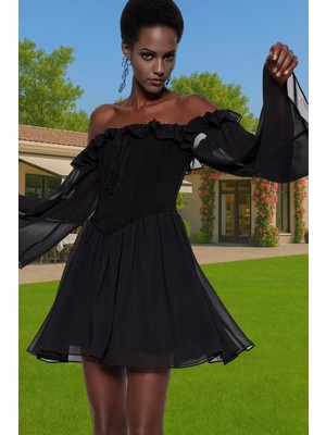 Dokuma Şifon A Kesim Elbise Uzun Kollu Astarlı Rahat ve Şık Trend Tasarım Rahat ve Şık