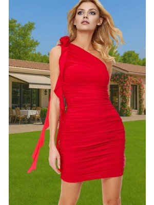 Bodycon Tek Omuzlu Mini Elbise Polyester Elastan Karışımlı Yazlık Şık Elbise Rahat Kullanım