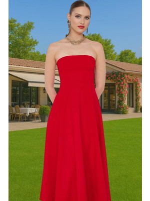 Midi Boy A Kesim Straplez Abiye Elbise Polyester Elastan Dokuma Kumaş Modern Stil Zarifane Tasarım