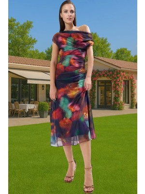 Midi Boy Çok Renkli Desenli Shift Abiye Elbise Örme Tül Uzun Ömürlü Modern Stil Özenle Seçilmiş