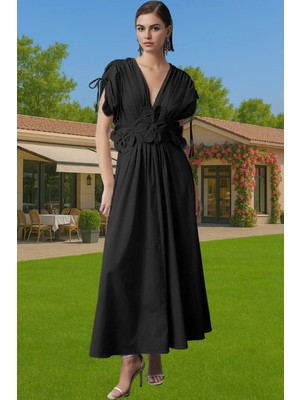 Kadın Yazlık Poplin Abiye Elbise 3D Çiçek Detay Midi Boy Modern Stil Zarifane Tasarım