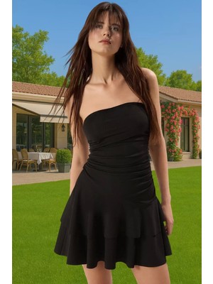 Straplez A Kesim Mini Örme Elbise Polyester Elastan Sandy Dokuma Günlük Kullanım Için Uzun Ömürlü