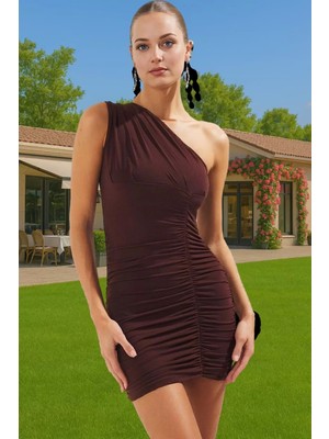 Asimetrik Yaka Drapeli Mini Elbise Polyester Elastan Yazlık Dayanıklı Malzeme Premium Kalite
