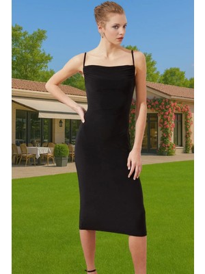 Rahat ve Şık Askılı Midi Elbise Polyester Elastan Örme Kumaş Kaliteli Işçilik Özenle Seçilmiş