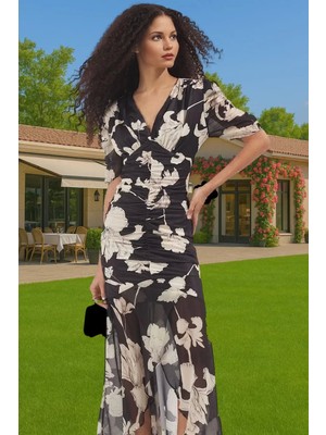 Çiçekli Desenli V Yaka Maxi Elbise Örme Kumaş Astarlı Bodycon Özenle Seçilmiş Zarifane Tasarım