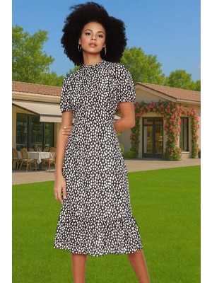 Feminen A Kesim Çiçekli Midi Elbise Polyester Dokuma Kısa Balon Kol Rahat Kullanım Rahat ve Şık