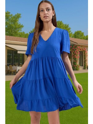 Kadın V Yaka Kısa Kollu Mini Elbise Polyester Dokuma Günlük Mükemmel Uyum Şık Görünüm Özel Tasarım