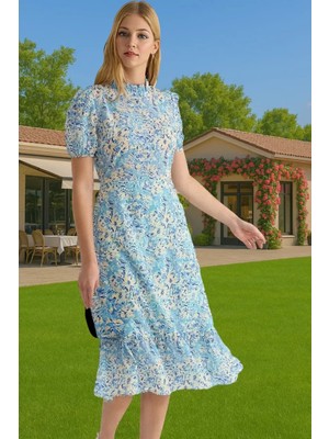 Feminen A Kesim Çiçekli Midi Elbise Polyester Dokuma Kısa Balon Kol Rahat Kullanım Rahat ve Şık