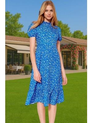 Feminen A Kesim Çiçekli Midi Elbise Polyester Dokuma Kısa Balon Kol Rahat Kullanım Rahat ve Şık