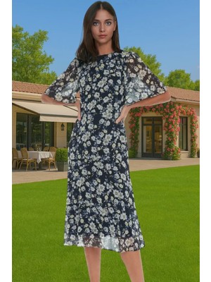 Polyester Midi Elbise Şifon Kumaş A Kesim Melek Kol Astarlı Zarifane Tasarım Trend Tasarım