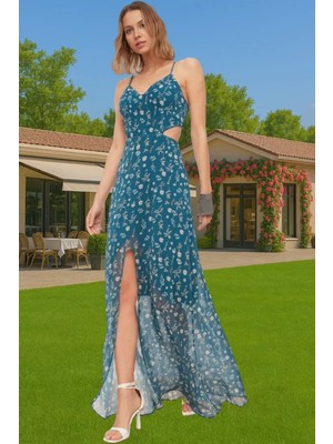 Yazlık Astarlı V Yaka Çiçekli Şifon Maxi Elbise A Kesim Uzun Ömürlü Rahat Kullanım Konforlu Kesim