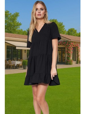 Kadın V Yaka Kısa Kollu Mini Elbise Polyester Dokuma Günlük Mükemmel Uyum Şık Görünüm Özel Tasarım