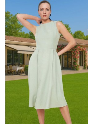 Kadın Bisiklet Yaka Kolsuz Midi Elastan Elbise Uzun Ömürlü Profesyonel Görünüm Zarifane Tasarım