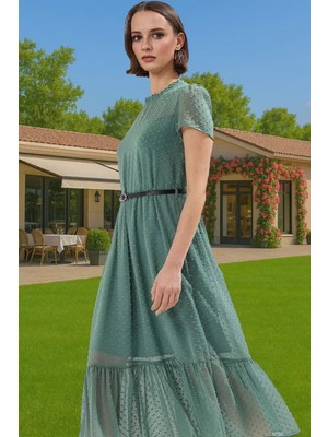 Kadın Yazlık Astarlı Kemerli Midi Elbise Şifon Kumaş A Kesim Modern Stil Trend Tasarım Özel Tasarım