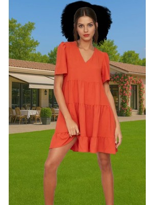 Kadın V Yaka Kısa Kollu Mini Elbise Polyester Dokuma Günlük Mükemmel Uyum Şık Görünüm Özel Tasarım