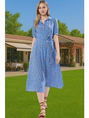 Kadın Yazlık Midi Gömlek Elbise Animal Desenli Viskoz Kumaş Rahat Kalıp Modern Stil Seçkin Malzeme