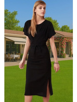 Yazlık Kadın Pamuk Midi Elbise Bodycon Kalıp Bağcıklı Tasarım Modern Stil Profesyonel Görünüm