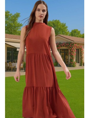 Kadın Yazlık Midi Elbise Nefes Alan Polyester Dokuma Kumaş Rahat Trend Tasarım Modern Stil